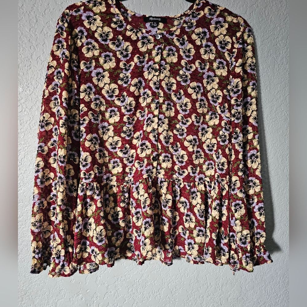Madewell Drawstring Ruffle Hem Top in Viola Floral XL